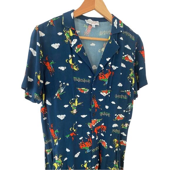 HVN Short Sleeve Gia Jumpsuit Navy Retro Cowboy Rodeo Print Size 6 Gently Used - Picture 6 of 12